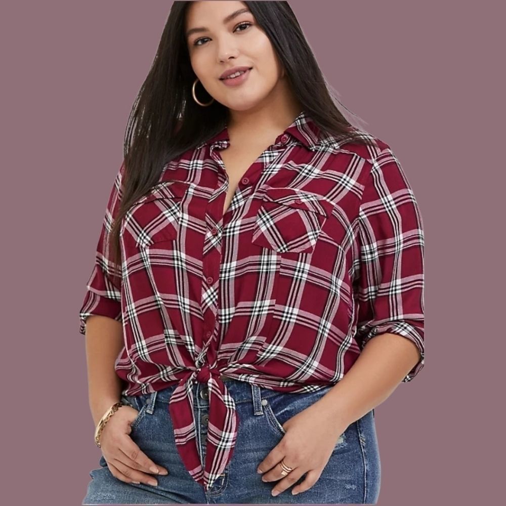 Torrid Plus Size New Burgundy Plaid Twill Tie Front Midi Shirt. - Picture 5 of 10